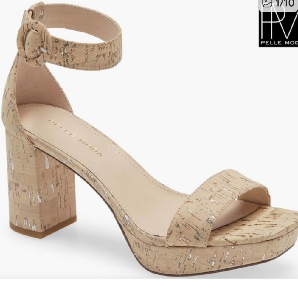 Pelle Moda Cork Platform Block Heel Sandals Tan w Silver Accents Nwt Size 7M